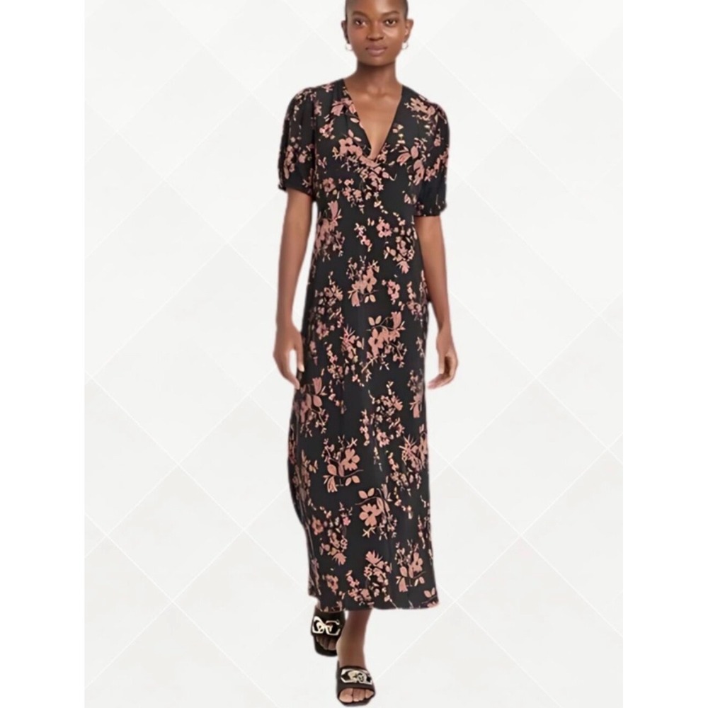 A New Day Black Pink Floral V-Neck Puff Sleeve Midi Dress Cottagecore Boho Date